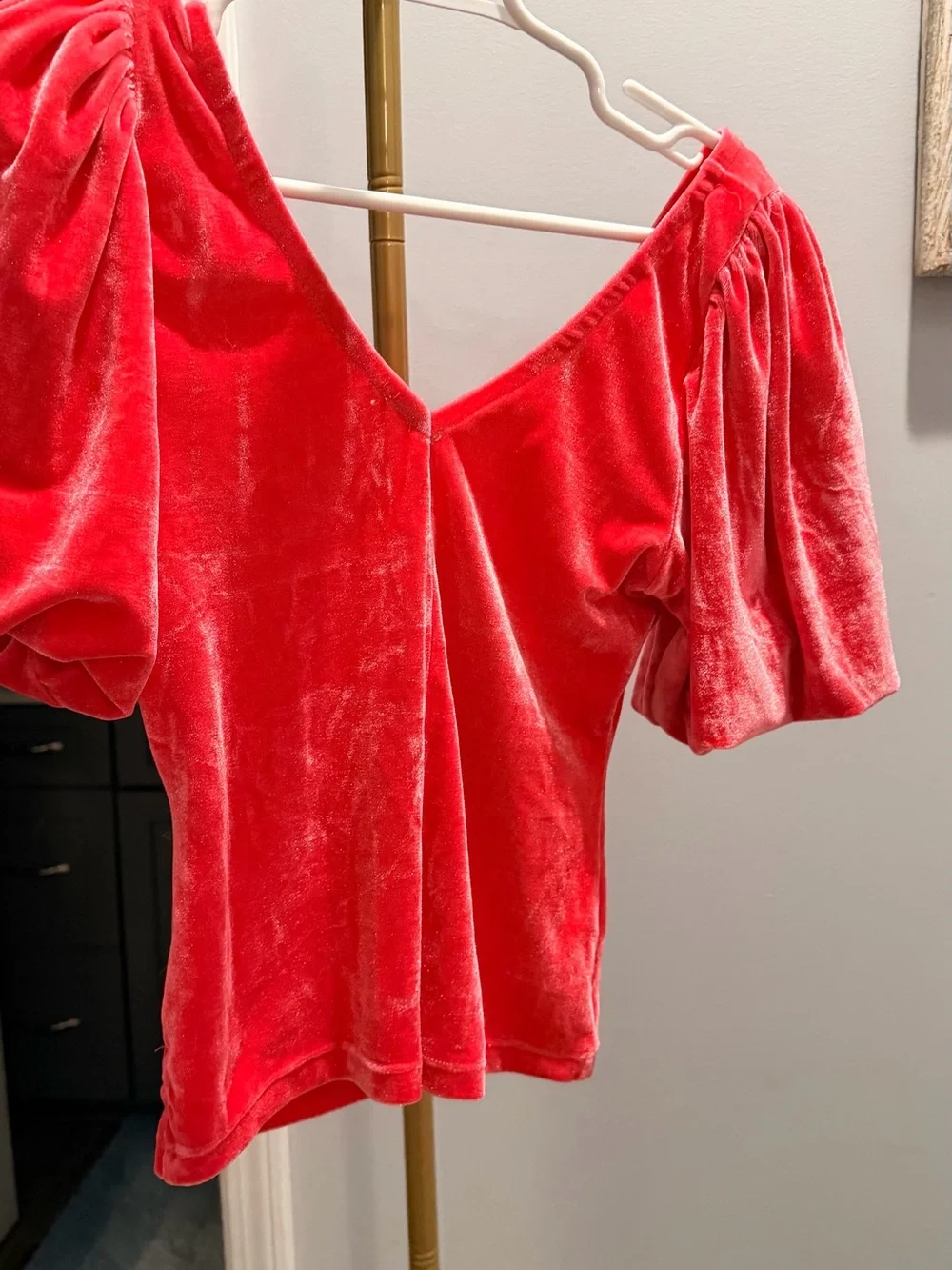 Free People Red Velvet V-Neck Ruched Puff Sleeve Top